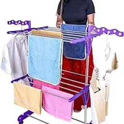 UNIZONE Premium Foldable Cloth Drying Stand | Stainless Steel 2-Tier Single Pole Laundry Rack with Wavy Side Wings & Kite Connectors | Indoor Outdoor Balcony Clothes Dryer Stand (Purple)-picture-30