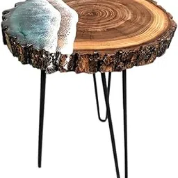 FANTASTIC STORE 9 Natural Wood Slab Ocean Look End Table | Side Table Corner Stool Plant Stand for Bedroom, Living Room (Black Foldable Metal Legs) Round (Small)-picture-27