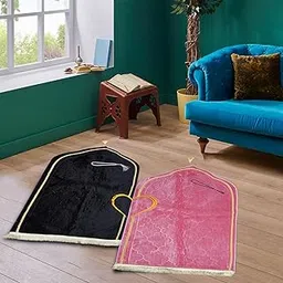 FAF Black & Pink Couple Janamaz Set of 2 with Heart Design | Soft Velvet Prayer Mats for Husband & Wife | Islamic Prayer Rugs for Nikah, Ramadan, Hajj & Umrah | Muslim Prayer Mat Set-picture-17