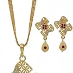 SARTHAK ENTERPRISE Elegant Gold Plated Pendant Set with Ruby and Diamond Accents, Traditional Filigree Design, Necklace and Earrings Jewelry Set-image-44