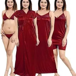 Siriji Creation Women's Satin Blend Robe, Nighty, Top, Shorts and Lingerie Set | Short Sleeve, Soft, Comfortable Maxi Nightwear Gown Sleepwear for Daily Use, Lounge and Bedtime (6pcs, Marron)-picture-44