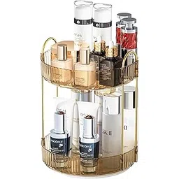 Topinon 360° Rotating Makeup Organizer Bathroom Make Up Spinning Holder Rack, Large Capacity Cosmetics Storage Vanity Shelf Countertop, Fits Cosmetics, Perfume Skincare Lipsticks (2 Tier, Amber)-image-76