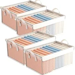 PRIME PICK Storage Box Zip Cloth Organiser Pack 4 PVC Clothes organizer Wardrobe Organizer for Storage Foldable Washable Box with Lid Metal Frame,Handles Ideal for Almirah Drawer,Clothing,Transparent image 1
