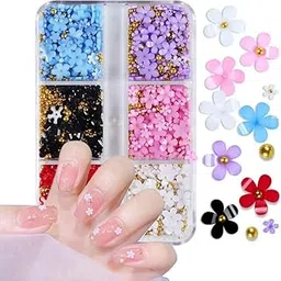 Flowers Acrylic Nails 3D Floral Nail Charms Glitter White Flower with Gold Silver Nail Ball Beads and Beads Resin Flowers for Nail Art Decoration & DIY Crafting Design (muluti colour)-image-32