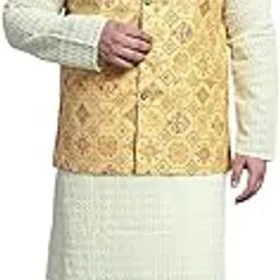 sojanya (Since 1958 Men's Pure Cotton Green Kurta and White Pyjama with Mustard Cotton Nehrujacket-picture-18
