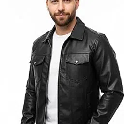 Classic Black Faux Leather Jacket, Zip Front, Dual Chest Pockets, Casual Style-picture-33