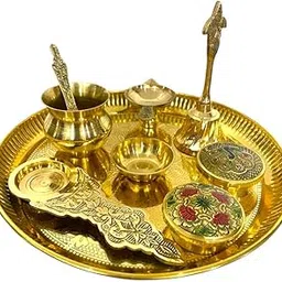 COPRASIA Brass Pooja Thali Set – 9 Piece Complete Puja Plate with Diya, Bell, Kalash, Kumkum Bowls, Spoon, Kapoor Aarti & Prasadam Plate for Aarti, Festivals & Daily Rituals-picture-44