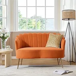 Wud Oak Modern Chesterfield Velvet Loveseat Sofa Channel Tufted 2 Seater Curved Back Sofa with Golden Metal Legs for Living Room Bedroom Hallway (Orange)-image-4