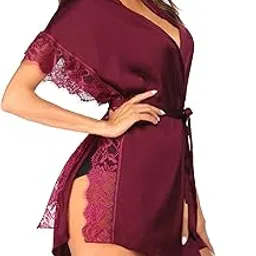 guso shopee Lingerie for Women Satin Sleeping Robe Eyelash Lace Kimono Side Split Sexy Silk Robes-picture-18
