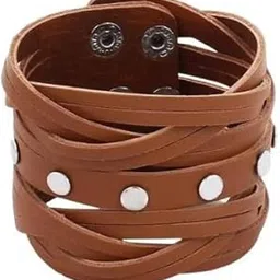shobhram Brown Weaved Multistrand PU Leather Bracelet Set for Men-picture-36