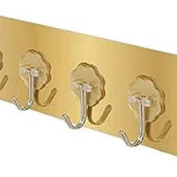 Piercell Self Adhesive Wall Hooks for Kitchen Organizer Hook for Wall Without Drilling for Home Kitchen Bathroom Bedroom Keys Bag Towels - 6 Stainless Steel Hook with Plastic Strip (Golden Pack of 1)-picture-32