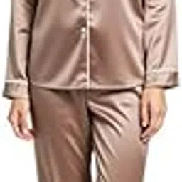 Women's Premium Silk-Feel Pajama Set - Brown - Size XS | Luxury Nightwear | Soft Sleepwear for Women-image-36