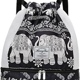 calandis Drawstring Gym Backpack Swim Water Resistant with Wet Pocket Small Gym Bag Black White | Gym Bags-picture-47