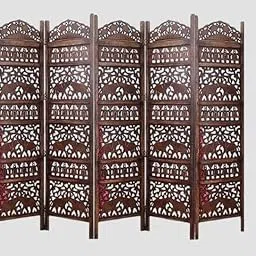 Handcrafted Wooden Room Divider Partition,Wooden Room Partition,Hall/Bedroom/Living Room Partiton,Pooja Room,Hand Carved Elephant Design, (Brown) (5-Panel) image 1