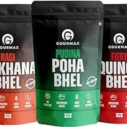 Gourmax Bhel Snacks Pack, High Protein & Fibre, Ragi Makhana Bhel, Pudina Poha Bhel, Fiery Quinoa bhel, 60g-80g, Pack of 3-picture-53