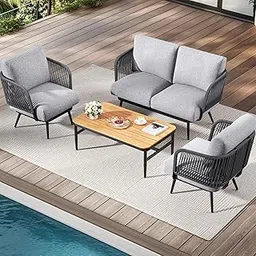 DRX Patio Furniture Set, 4-Seat Outdoor Sofa Furniture Deep Seating with Coffee Table, Metal Patio Conversation Sets with Waterproof & Extra-Thick Cushions for Garden, Poolside, Backyard image 1