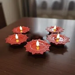 Decorative Water Diya, Red Traditional Circle Design, Set of 5, Festival Decor with Leaf Pattern-picture-22