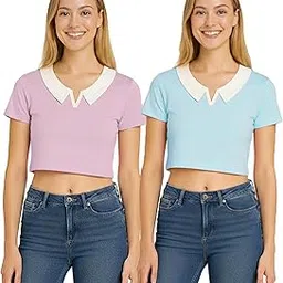 100% Pure Cotton Polo Collared V-Neck Crop Top, Half Sleeve Top for Women, Korean Style Tshirt, Stylish Tops for Girls-image-75