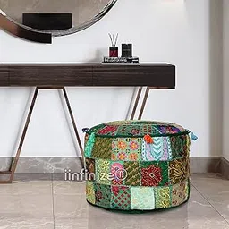 Cotton Ottoman Pouffe Cover Hand Embroidered Bean Bag Khambadiya Round Ottoman Rajasthani Patchwork Foot Stool Festive Decor Sitting Footrest Floor Pouf Cover (16x16x14) Inch-image-96