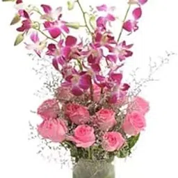 Floralbay Valentine's Day Special Fresh Flowers Bunch of 12 Pink Roses and 4 Purple Orchids in Glass Vase (Bunch of 12)-image-9