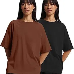 juneberry Pure Cotton Drop Shoulder Oversized Baggy Fit Half Sleeve Plain Solid Round Neck Multicolor T-Shirt for Women & Girls (Pack of 2) (Sizes S-2XL)-picture-21