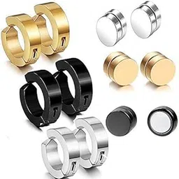 Black, Silver, Golden Metal Non-Piercing Earrings 3 Combo Stainless Steel Stud and 3 Pairs Magnetic Earrings for Men | Women (6 Pairs)-image-25