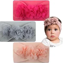 Bembika Newborn Floral Knot Design Baby Infant,Baby Girl Soft Cute Toddler Hairbands (Set Of 3) image 1