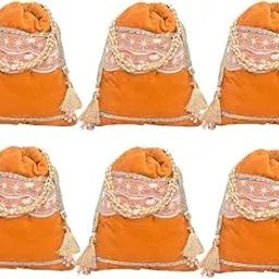 Dulhan Velvet Potli Bag with Pearl Handle | Sequin Tissue Lace Zari Tassels and Resham Dori | Dark Yellow Soft Padded Wedding Shagun Pouch for Return Gifts, Weeding, Winter and Festive Use-pack of 6-picture-31