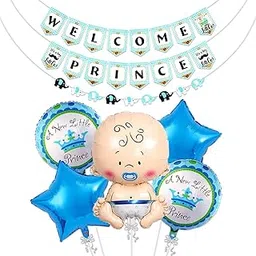 Rozi Decoration Welcome Prince Baby Shower Decorations Set, Blue Theme with Banner, Elephant Cutouts, Baby Boy Foil Balloon, 2 Star and 2 Round Balloons, 6 Pieces-image-6