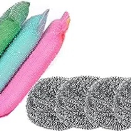 TopFinder® Dish Cleaning Pads with Stainless Steel Scrubber- Non Rusting Wire Scrubbers Tough Stain Removal - Kitchen Aluminium Oily Plates Utensils Cleaning - Utensil Scrubber - Dish Wash Scrub(3+4)-picture-39