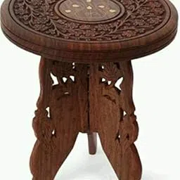 KAMAL PASHA HANDICRAFTS Wooden Side Table with Intricate Floral Carving, Round Top, Folding Base, Dark Brown 12 Inch-picture-28