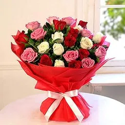 The FloralMart ® Father's Day Special 30 Mixed Roses Fresh Flower Bouquet in Paper Wrapping (Multicolour)-image-3