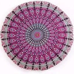 ART WORLD Round Pouf Cover Cushion Cotton with Pom Meditetion Seating for Living Dorm Room Color Size 22 inch Inches (Cover Only) (Purple)-picture-29