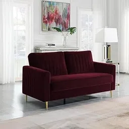 THE CRAFTED STORE - Modern Velvet Sofa with Channel Tufting High-Density Foam Comfort Gold Metal Legs with Pillow Back Seat Sofa for Living Room, Bedroom, Hallways (Burgendy, 2 Seater)-picture-11