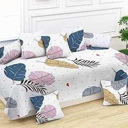 JIZZBY Cotton Traditional Diwan Covers Set of 8 Piece | Sofa, Decorative Cushion | Diwan Cover for Living Room (1 Bedsheet & 2 Bolster Cover & 5 Cushion Cover-White PATTA DIWAN-image-52