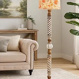 Homesake® Rustic Wood Floor Lamp for Living Room Walnut Brown with Multicolor Fabric Lamp Shade | Light Decoration for Home Corner Lamp for Living Room | Antique Floor Light Twisted Ropes, Bird-picture-16