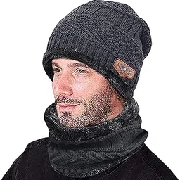 f y v Cozyway Grey Snow Proof Inside Fur Unisex Woollen Beanie Cap with Scarf Set-picture-15