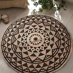 SASHAA WORLD Handwoven Black Symmetric Design Jute Rugs Round Braided Floor Carpet Mat for Living Room, Bedroom, Dining, Office, Restaurant (100 cms Round, Natural & Black Print)-image-13