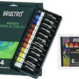 BRUSTRO Artists Acrylic Paint Colour Complete Range of 24 (Basic) with 6 (Fluorescent) Shades | Ideal for Paper,Canvas,Water-based Colours, Non-toxic, Inter-mixable Colors, Crafters, Fine Art Students-image-0