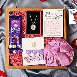 Bhai dooj hamper for sister/bhai dooj gift for sister/diwali gift for girls/bhai dooj gift-Cadbury Dairy Milk chocolate+Pendent with chain+hair pins+scrunchy+scrunchy+nail accessory+Card-image-28