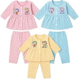 kids paryanis Baby Girl's Fabulous Collection of Printed Full Sleeves Soft Hosiery Cotton Vests,Jhabla Frock with Pyjama Pants Dress for Kids Infant Toddler (Set of 3)-picture-12