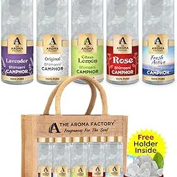 The Aroma Factory Bhimseni Camphor Lavender, Original, Citrus Lemon, Rose & Fresh Active Zero Residue Kapoor with Fragrance for Pooja, Aarti Kapur | Bottle Pack of 5 x 80gm, with Jute Bag-picture-31