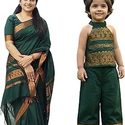 ilaiyaal clothings Kalyani Cotton Mom and Daughter Combo | Matching Saree with Kids Dress | South Indian Traditional Twinning Outfit | Soft Lightweight Cotton Saree for Women & Girls Kids Age 1 o 3-picture-42