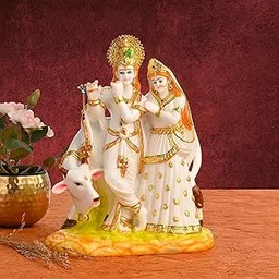 Creating Ambiance Polyresin Marble Radha Krishna Cow Idol | Home Decor Statue for Living Room -11 Inch (Gold & White)-image-1