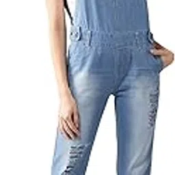 dolce crudo Women's Light Blue Regular Fit Mid Rise Regular Length Ripped Denim Dungaree-picture-12