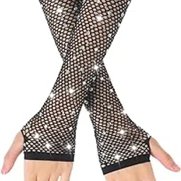 makingtec Black Fishnet Long Gloves, Women Girls 1920s Retro Five Finger Arm Sleeves with Rhinestone Clothing Accessory for Prom Party-picture-30