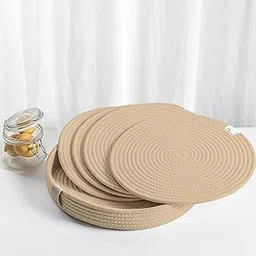 AIESY®-Live Beautiful ! Woven Cotton Rope Round 10 inch Placemats Set of 4 with Holder Included, Non-Slip, and Heat Resistant (Beige)-picture-21