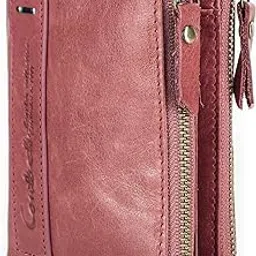 sam's design Mens/Womens Genuine Leather Wallet RFID Blocking Bifold Double Zipper Coin Pocket Purse Rose Tan-picture-14