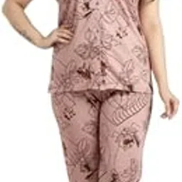 Women's Floral Print Pajama Set, Short Sleeve Top and Long Pants, Sareena Nightwear, Leaf Pattern-picture-21