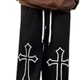 styleverse Men's Cotton Big Cross Baggy Track Pants (Black) image 1